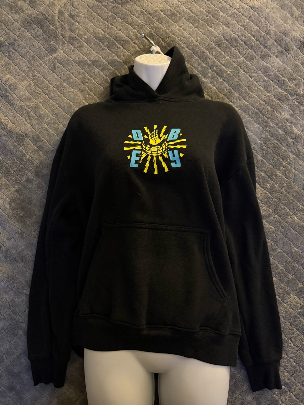 Black Graphic Pullover Hoodie with Yellow & Blue Logo